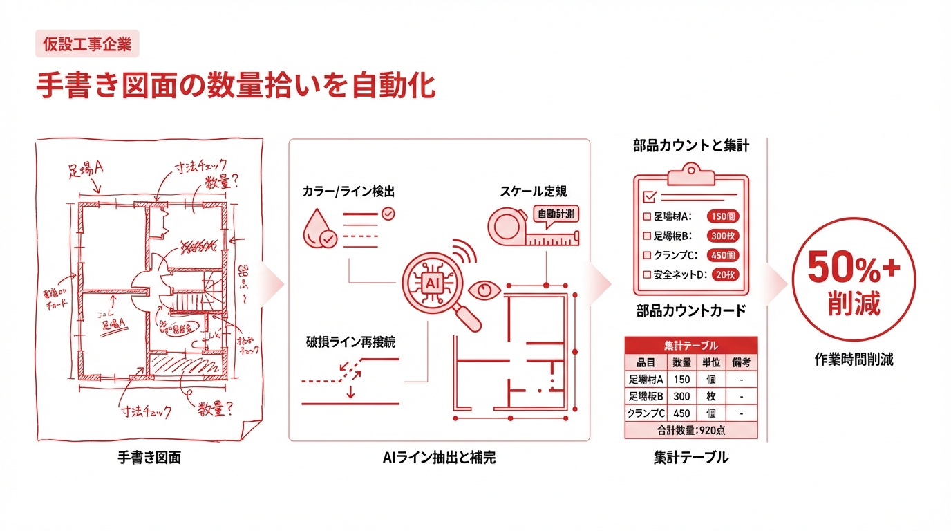 手書き図面からの部材数量拾い出しを大幅自動化